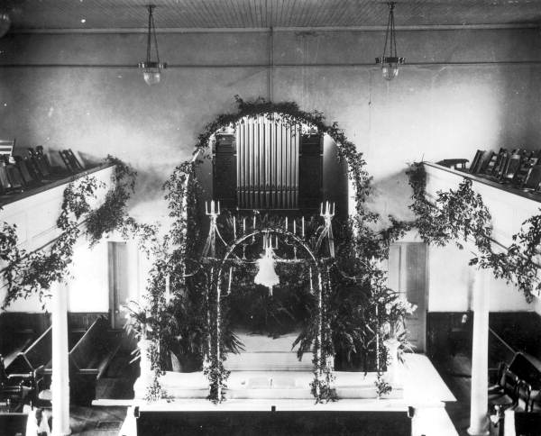 Interior view of the First Presbyterian Church decorated for wedding 